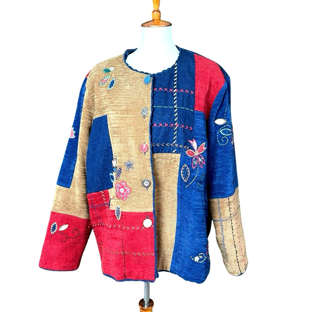 Koret City Blues Embroidered Patchwork Jacket Women 20W Floral Denim Vintage 80s - Picture 3 of 14